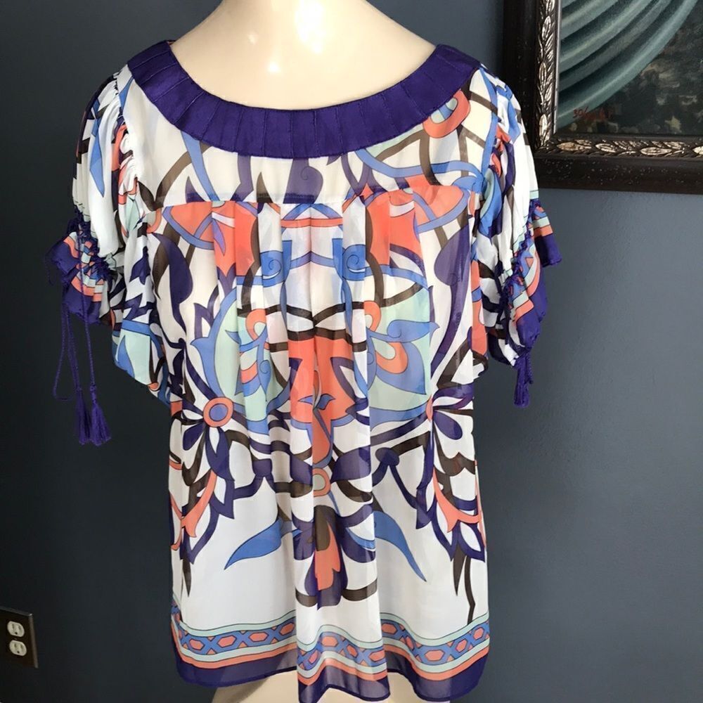 nicole (Nicole Miller) sheer print/ribbon top, S